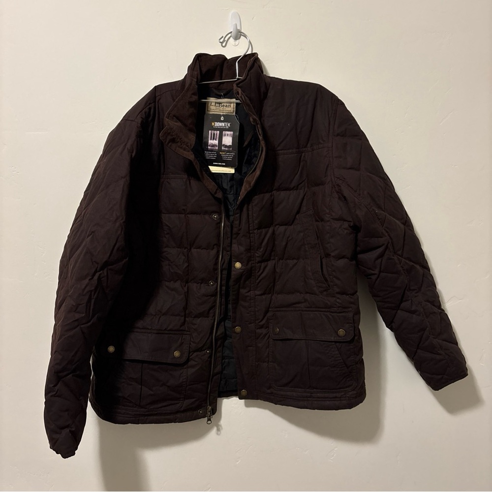 LL Bean Jacket Mens XL Coffee Upcountry Waxed Down Quilted Corduroy Trim Downtek